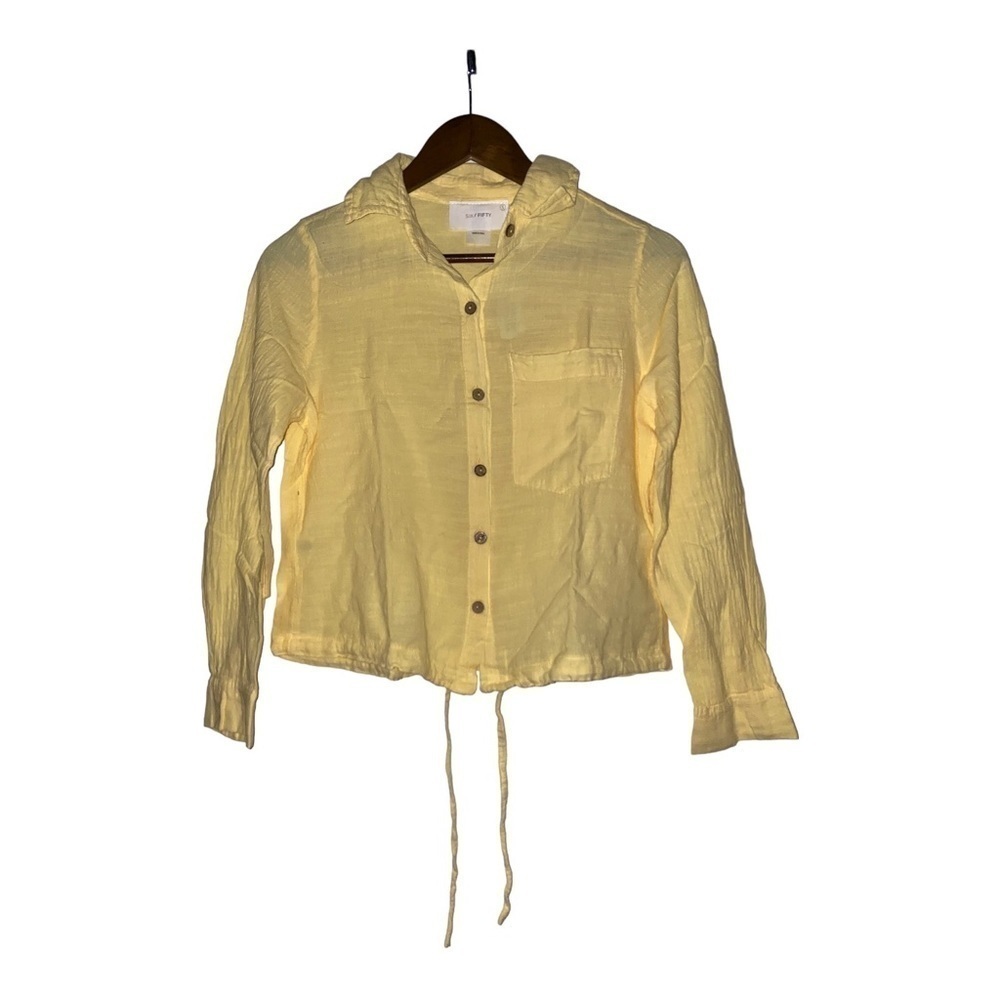 Six/Fifty Button Up Cropped Yellow Shirt Small Tie Front Pocket‎ Front Summer